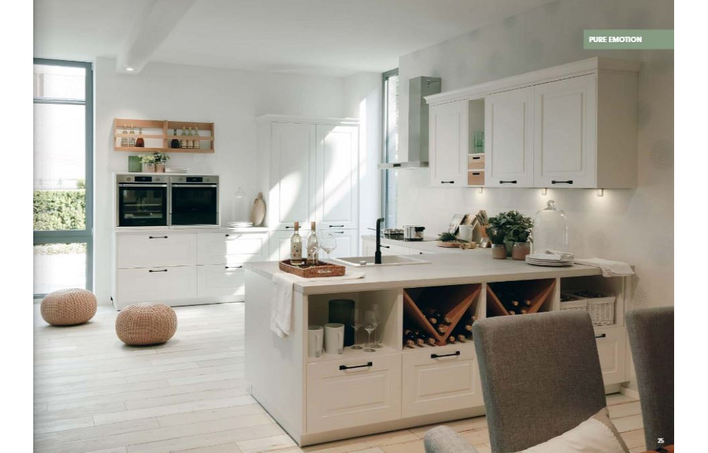 White Lorraine kitchen with wooden shelves and open storage